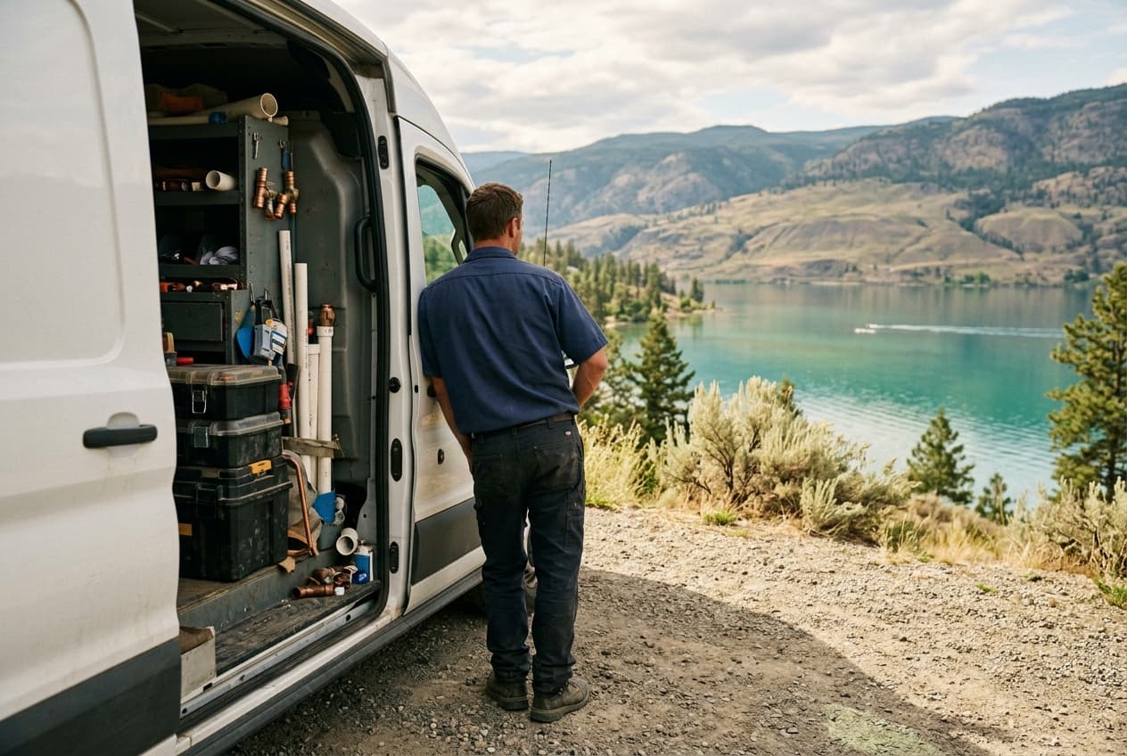 A plumber at a van, looking out over Kalamalka Lake